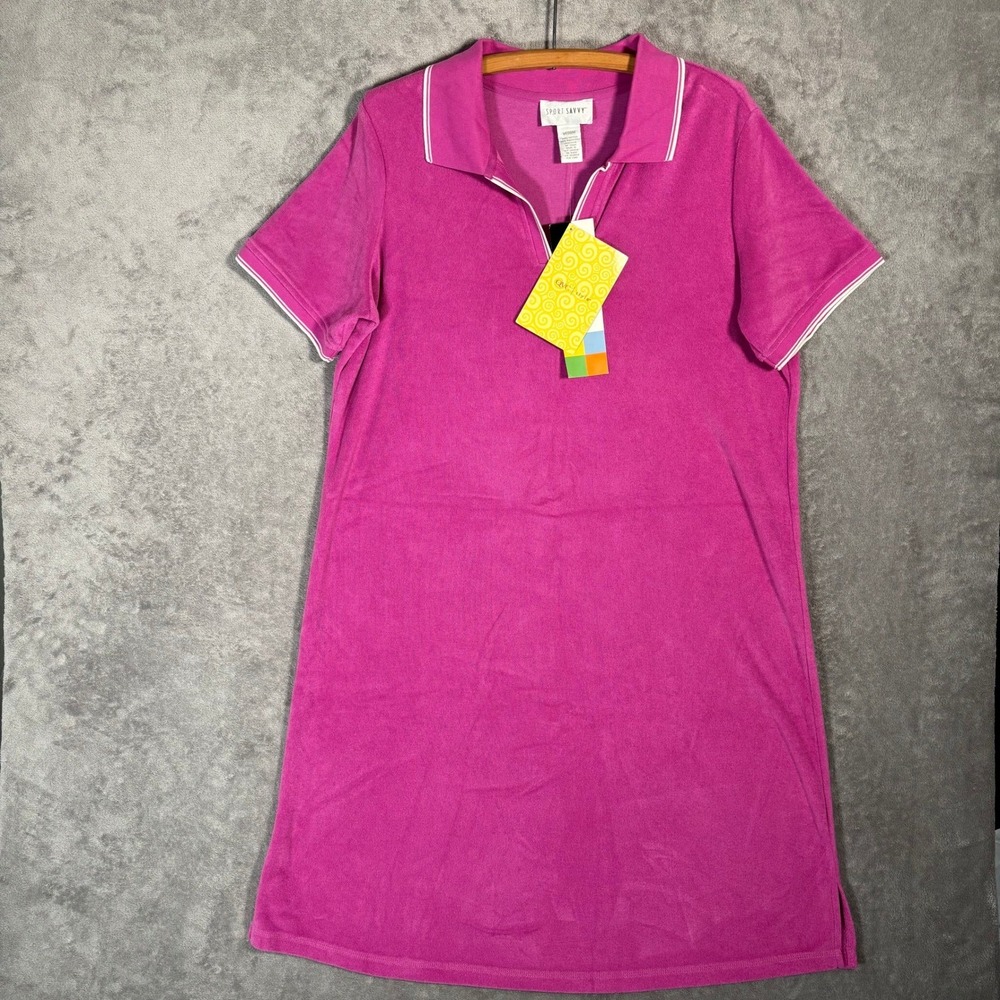 NOS Sport Savvy Terry Cloth Polo Dress Womens M Magenta‎ Pink V-Neck S/s QVC NWT